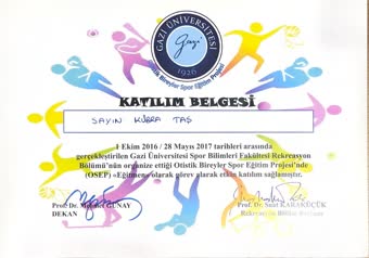 Gazi Üniversitesi Otistik Bireyler Spor Eğitim Projesi eğitmen katılım belgesi, 2016–2017 dönemi