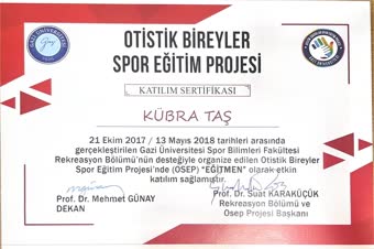 Gazi Üniversitesi Otistik Bireyler Spor Eğitim Projesi eğitmen katılım sertifikası, 2017–2018 dönemi