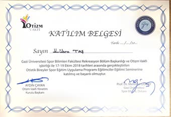 Otizm Vakfı ve Gazi Üniversitesi Otistik Bireyler Spor Eğitim Uygulama Programı eğitimciler eğitimi katılım belgesi, Ekim 2018