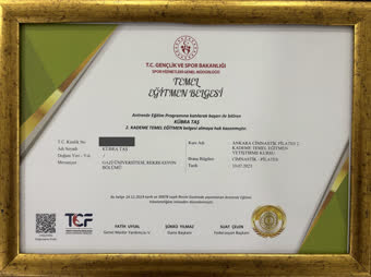 T.C. Gençlik ve Spor Bakanlığı onaylı, Türkiye Cimnastik Federasyonu 2. Kademe Temel Eğitmen Belgesi, Cimnastik-Pilates branşı, Kübra Taş, 10 Temmuz 2023