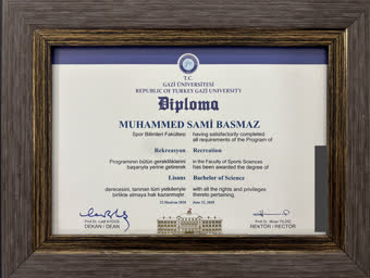 Gazi Üniversitesi Spor Bilimleri Fakültesi Rekreasyon Bölümü lisans diploması, Muhammed Sami Basmaz, Haziran 2020